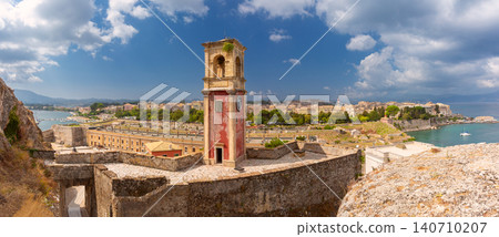 Historic Clock Tower and Coastal Fortifications of Corfu Old Fortress Panorama Historic Clock Tower and Coastal Fortifications of Corfu Old Fortress Panorama 140710207