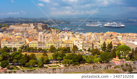 Panoramic View of Corfu Old Town Harbor and Coastal Fortifications Greece 140710208
