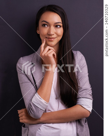 Thinking, smile and woman with vision in studio, brainstorming or remember memory isolated on a grey background. Dream, happy person and inspiration for decision making, idea and planning future 140710329