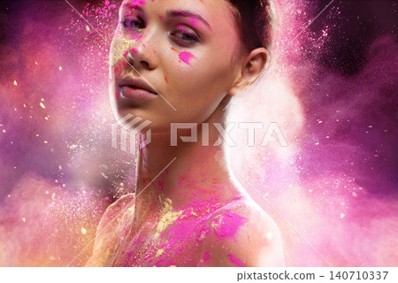 Paint, woman and portrait in studio with dust and colorful powder for creativity and art. Smoke, beauty and cosmetics with a female person with makeup and bold with creative color and dark background 140710337