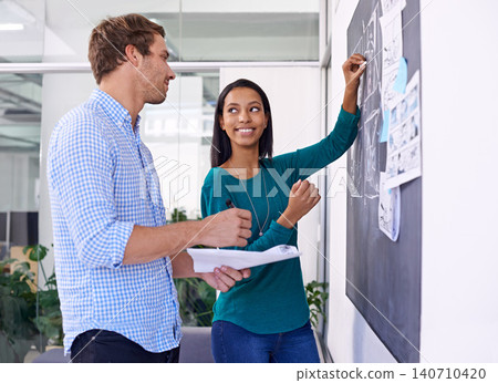 Business people, planning and creative by chalkboard in office for storyboard drawing or animation illustration. Graphic design, man and woman with teamwork by blackboard or smile for cartoon project Business people, planning and creative by chalkboard in office for storyboard drawing or animation illustration. Graphic design, man and woman with teamwork by blackboard or smile for cartoon project 140710420