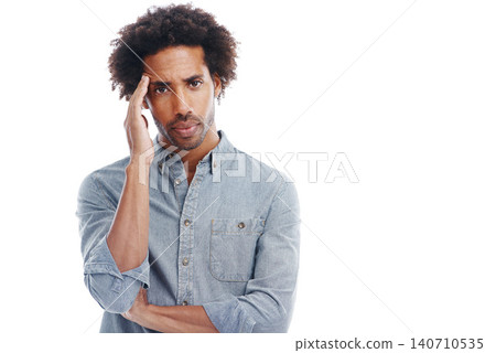 Man, portrait and headache pain in studio or stress pressure with brain fog or burnout, vertigo or white background. Male person, temple and tension as migraine tinnitus for fatigue, tired or mockup 140710535