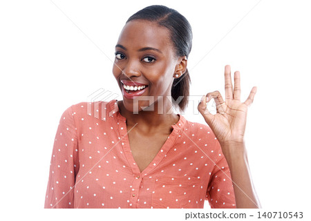 Black woman, portrait and OK hand gesture for agreement, feedback and review with like emoji on white background. Success, support and subscribe with vote, opinion and good news in studio for praise Black woman, portrait and OK hand gesture for agreement, feedback and review with like emoji on white background. Success, support and subscribe with vote, opinion and good news in studio for praise 140710543