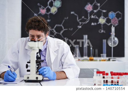 Science, notes and man with microscope for research in chemistry, pathology and university class. Laboratory, investigation and scientist writing report on blood test for medical study with results Science, notes and man with microscope for research in chemistry, pathology and university class. Laboratory, investigation and scientist writing report on blood test for medical study with results 140710554