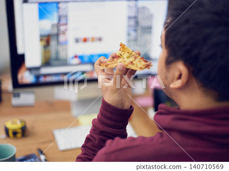Businessman, eating and lunch with computer screen in office with rear view and pizza break for working on deadline. Programmer, employee and back with fast food, coding display or hungry at desk Businessman, eating and lunch with computer screen in office with rear view and pizza break for working on deadline. Programmer, employee and back with fast food, coding display or hungry at desk 140710569