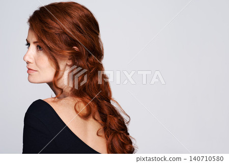 Beauty, space and thinking with woman in studio isolated on white background for natural wellness. Red hair, future and vision with confident mature model on mockup for keratin haircare treatment Beauty, space and thinking with woman in studio isolated on white background for natural wellness. Red hair, future and vision with confident mature model on mockup for keratin haircare treatment 140710580
