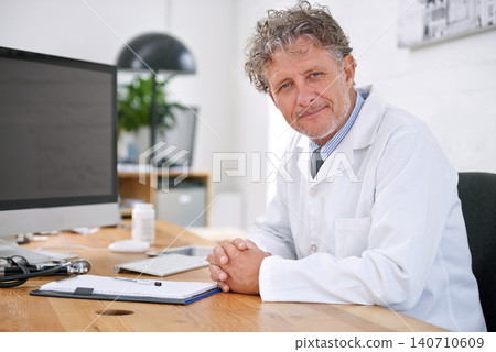 Senior man, doctor and happy portrait in office for healthcare, medical support and medicine career for administration. Mature, face or health expert with confidence or smile for cardiology in clinic 140710609