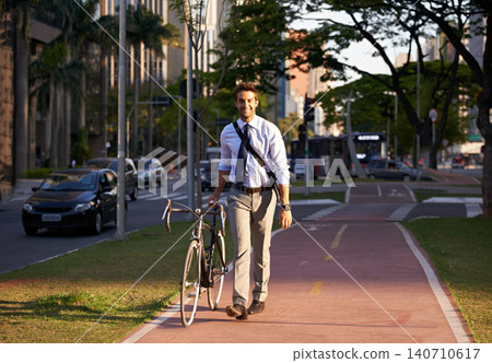 Bicycle, city and portrait of happy businessman for travel, morning commute and walking to work. Professional, urban town and person with bike for cycling, sustainable and eco friendly transport Bicycle, city and portrait of happy businessman for travel, morning commute and walking to work. Professional, urban town and person with bike for cycling, sustainable and eco friendly transport 140710617