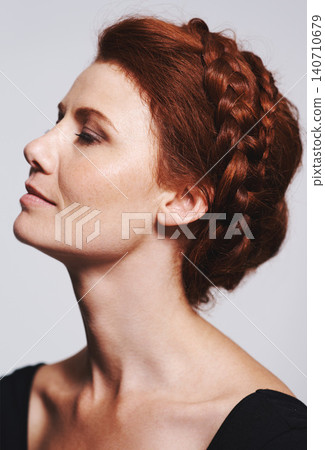 Face, beauty and haircare with profile of relax woman, studio and isolated on white background. Keratin, wellness and braid for redhead female model, salon and cosmetic treatment for healthy hair Face, beauty and haircare with profile of relax woman, studio and isolated on white background. Keratin, wellness and braid for redhead female model, salon and cosmetic treatment for healthy hair 140710679