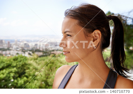Thinking, fitness and woman at park for exercise, training and idea to workout for health. Face profile, sports and person in nature for wellness, dream and serious at outdoor garden for wellbeing 140710770
