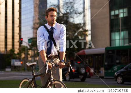 Bicycle. city and business man for travel, morning commute and journey to work in street. Professional, urban town and person walking with bike for cycling, sustainable and eco friendly transport Bicycle. city and business man for travel, morning commute and journey to work in street. Professional, urban town and person walking with bike for cycling, sustainable and eco friendly transport 140710788