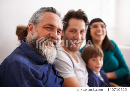 Family, portrait and parents, grandfather and child in living room, happy together with generations and love. Bonding, care and people relax at home with smile on face, trust and support in life Family, portrait and parents, grandfather and child in living room, happy together with generations and love. Bonding, care and people relax at home with smile on face, trust and support in life 140710813