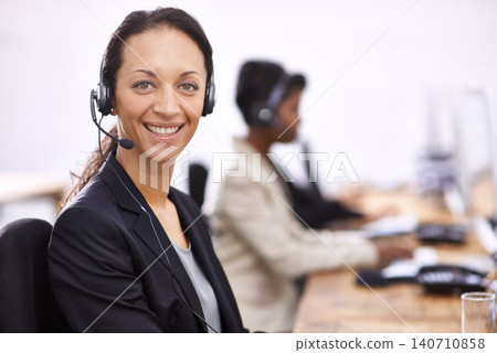 Call center, portrait and happy woman in office consulting for lead generation, contact us or faq. Telemarketing, face and female consultant with microphone for customer support, help or b2b service Call center, portrait and happy woman in office consulting for lead generation, contact us or faq. Telemarketing, face and female consultant with microphone for customer support, help or b2b service 140710858