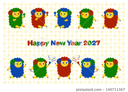 New Year's card for the Year of the Sheep, 2027: Colorful sheep on a polka-dot background New Year's card for the Year of the Sheep, 2027: Colorful sheep on a polka-dot background 140711367