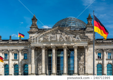 Reichstag Facade with German Flags Reichstag Facade with German Flags 140711995