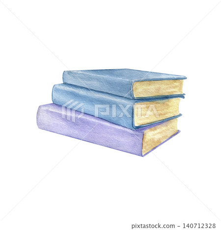 Watercolor illustration of a stack of three books with blue and purple covers isolated on white. Hand drawn clipart for education, library, back-to-school designs and stationery projects. 140712328