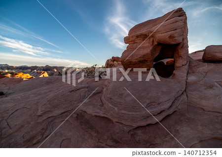 Valley of Fire Nevada Unique Sandstone Formation with Natural Hollow and Wind Sculpted Rock Under  140712354