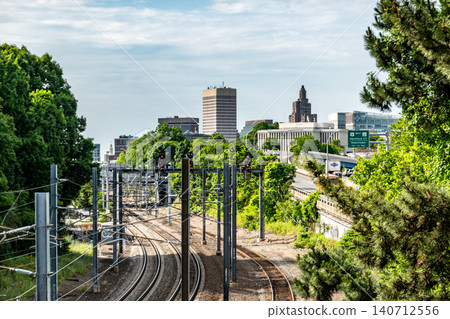 Amtrak Tracks Leading Toward Downtown Providence Skyline Amtrak Tracks Leading Toward Downtown Providence Skyline 140712556