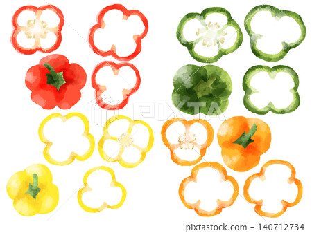 Hand-drawn watercolor-style illustrations of bell peppers and green peppers. Hand-drawn watercolor-style illustrations of bell peppers and green peppers. 140712734