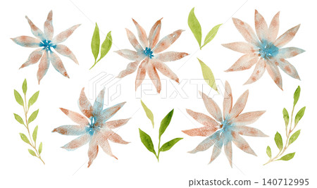 Set of abstract watercolor hand painting textured brown blue daisy flowers and green leaves. Textured watercolour floral coneflower blossoms for pattern design, wedding greeting card, logo Set of abstract watercolor hand painting textured brown blue daisy flowers and green leaves. Textured watercolour floral coneflower blossoms for pattern design, wedding greeting card, logo 140712995
