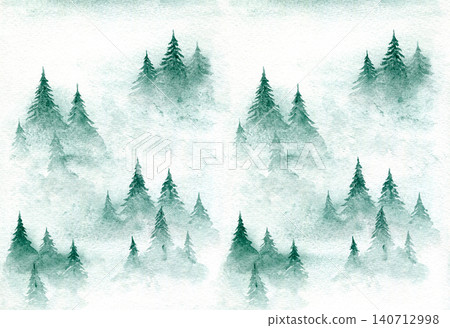 Light misty aquamarine green and white gradient watercolor illustration of textured coniferous fir forest. Evergreen watercolour pine trees landscape print for winter Christmas design, poster, card Light misty aquamarine green and white gradient watercolor illustration of textured coniferous fir forest. Evergreen watercolour pine trees landscape print for winter Christmas design, poster, card 140712998