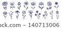 Set of delicate sketch engraved textured thin line hand drawn dark blue daisy garden flowers silhouettes. Vintage pen outline floral elements for women poster and greeting card design, logo, sticker 140713006
