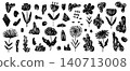 Bold hand drawn textured set of black ink playful vector abstract flowers and freehand shapes. Childish kids drawing grunge floral elements, blobs, brush strokes for pattern design, greeting cards 140713008
