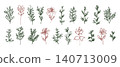 Bold line art vector dark olive green ink hand drawn leaves and herbs and red flowers. Artistic delicate linear drawing floral elements for pattern and tattoo design, greeting card, logo, banner 140713009