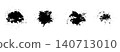 Set of black textured vector ink water splashes with liquid drops. Isolated abstract inky blots with spray spots stain for graphic design, social media droplet stamps, splatter shadows 140713010