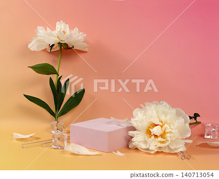 Elegant sunny colorful banner with peonies and ice cubes, summer party concept with a bar menu,beautiful, empty spring podium and template for your creativity, product display stand Elegant sunny colorful banner with peonies and ice cubes, summer party concept with a bar menu,beautiful, empty spring podium and template for your creativity, product display stand 140713054
