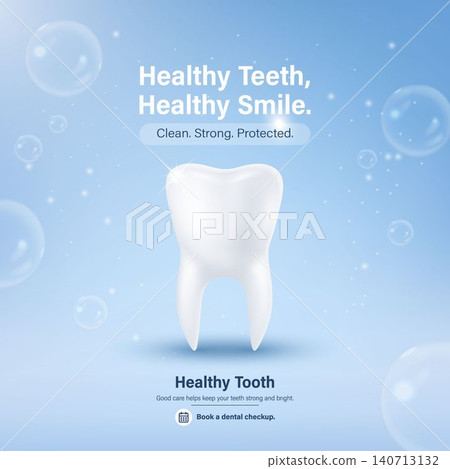 Healthy Teeth Poster, Vector Illustration. 3d Tooth Dental Care Banner with Blue Bubbles for Oral Hygiene, Dentist Clinic Promotion, Healthy Smile Ad, Checkup Reminder, Medical Awareness Design Healthy Teeth Poster, Vector Illustration. 3d Tooth Dental Care Banner with Blue Bubbles for Oral Hygiene, Dentist Clinic Promotion, Healthy Smile Ad, Checkup Reminder, Medical Awareness Design 140713132