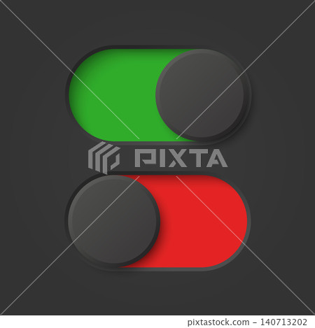 On Off Toggle Switch, Vector Illustration. Green and Red UI Slider, Toggle Button with Round Knob, Toggle Control. Vector Design Element On Off Toggle Switch, Vector Illustration. Green and Red UI Slider, Toggle Button with Round Knob, Toggle Control. Vector Design Element 140713202