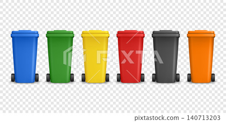 Vector 3d Recycling Bins Set. Glass Organic Paper E-Waste Metal Plastic. Color Wheelie Bin Set. Realistic 3d Garbage Containers for Recycling and Sustainability, Isolated 140713203