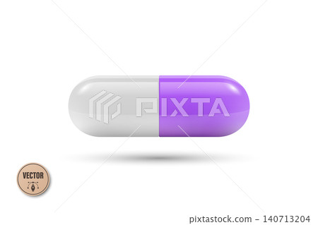 Vector 3d Purple and White Capsule Pill Isolated. Realistic 3d Medicine Illustration for Pharmacy and Healthcare. Prescription Drug Supplement Concept. Medical Medication Icon 140713204