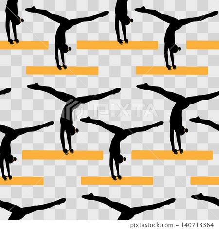 A clean seamless vector pattern showing black silhouette gymnasts performing handstands and splits on horizontal orange balance beams against a light. Branding, sports promo or print materials design A clean seamless vector pattern showing black silhouette gymnasts performing handstands and splits on horizontal orange balance beams against a light. Branding, sports promo or print materials design 140713364