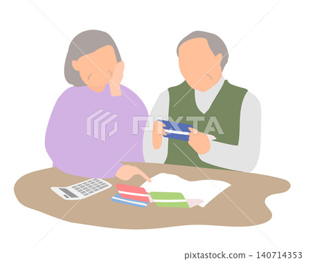一幅老年夫婦查看銀行存摺的插圖。 140714353