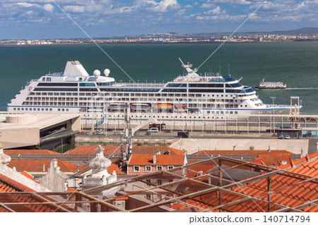 Cruise Ship and Historic Rooftops of Alfama District Lisbon Portugal Cruise Ship and Historic Rooftops of Alfama District Lisbon Portugal 140714794