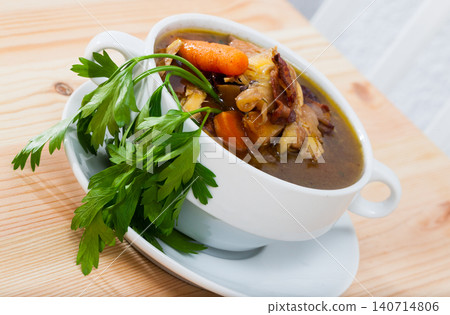 Thick chiken soup with smoked bacon Thick chiken soup with smoked bacon 140714806