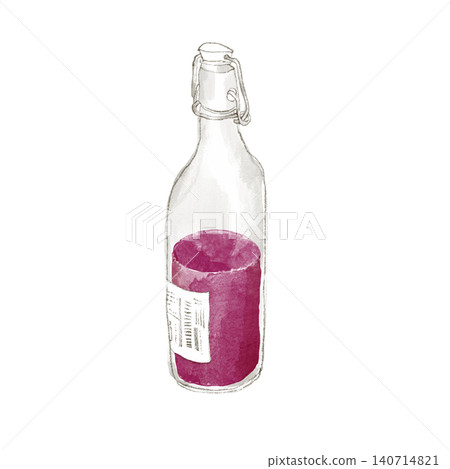 A glass bottle containing homemade red shiso juice A glass bottle containing homemade red shiso juice 140714821