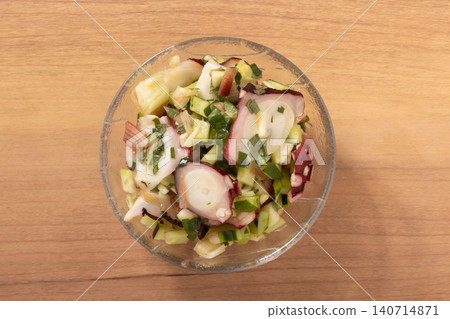 Octopus and summer vegetables with aromatic dressing (cucumber, Japanese ginger, perilla leaf) 140714871