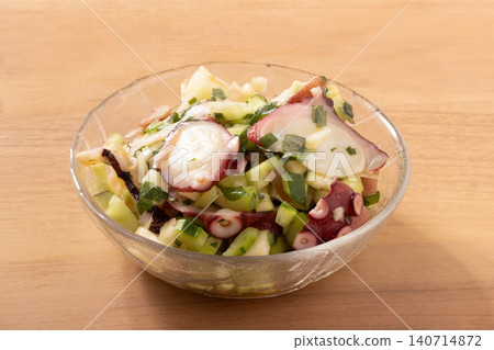 Octopus and summer vegetables with aromatic dressing (cucumber, Japanese ginger, perilla leaf) Octopus and summer vegetables with aromatic dressing (cucumber, Japanese ginger, perilla leaf) 140714872