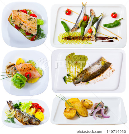 Set of various plates of fish food Set of various plates of fish food 140714930