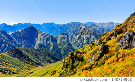 秋季徒步攀登哈里諾基山和蓮華山（從哈里諾基峠眺望槍岳） 140714998