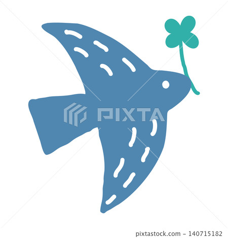 A blue bird of happiness holding a Nordic-style four-leaf clover in its beak. A blue bird of happiness holding a Nordic-style four-leaf clover in its beak. 140715182