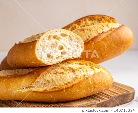 Three crusty french baguettes on a wooden board Three crusty french baguettes on a wooden board 140715354