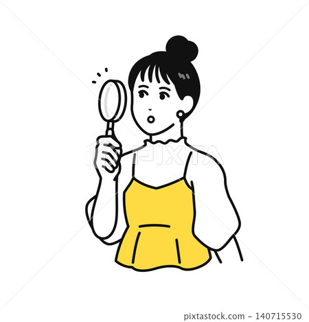 A young woman with her hair tied up looking through a magnifying glass. A young woman with her hair tied up looking through a magnifying glass. 140715530