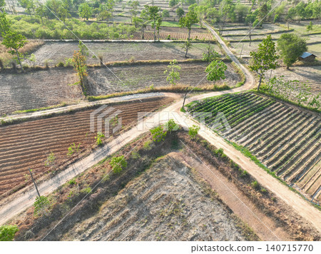 Aerial drone view of cultivated agricultural farmland with irrigated vegetable crop rows, rural dirt roads and sustainable farming practices across a tropical countryside landscape during dry season. Aerial drone view of cultivated agricultural farmland with irrigated vegetable crop rows, rural dirt roads and sustainable farming practices across a tropical countryside landscape during dry season. 140715770