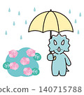 An illustration of a Triceratops holding an umbrella in the rain, featuring hydrangeas. 140715788
