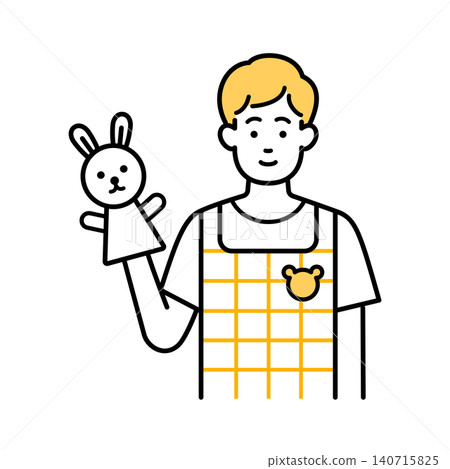一名戴著手套木偶的男性日託中心工作人員 140715825