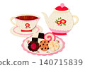 Collage-style handwritten tea set and cookies 140715839